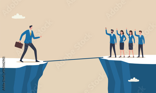 Risk management, businessman in suit start walking from cliff to rope to reach destination.