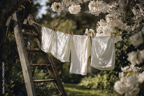 Stack of white linen and lace laundry hanging on a jute rope in a blooming spring garden with aged wooden ladder, eco-friendly lifestyle.