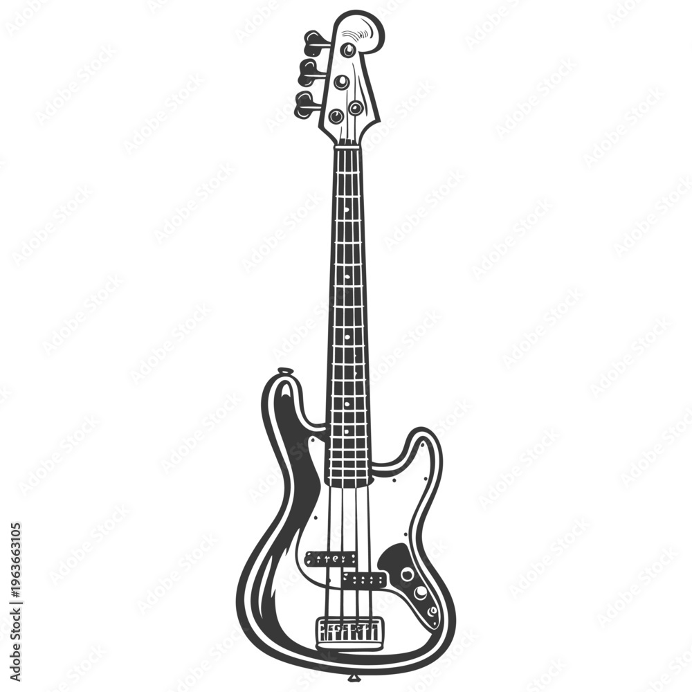 Naklejka premium A monochrome illustration of an electric bass guitar displayed