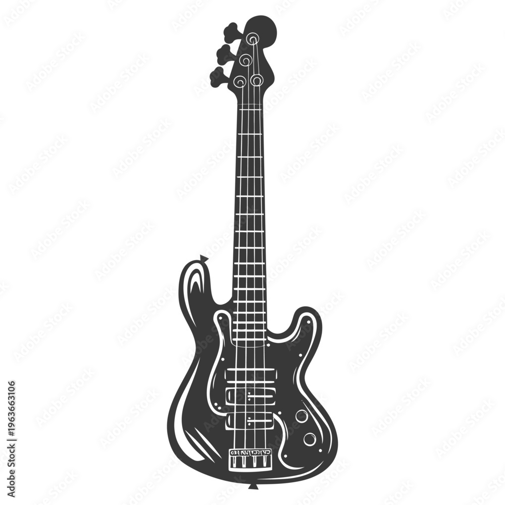Naklejka premium A black and white illustration shows a bass guitar instrument