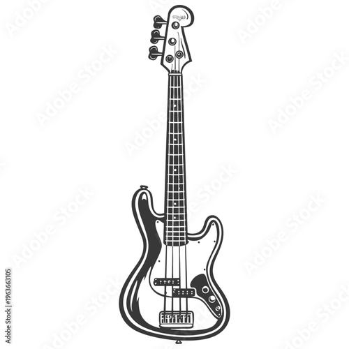 A monochrome illustration of an electric bass guitar displayed