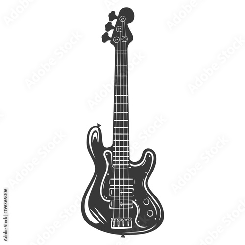 A black and white illustration shows a bass guitar instrument
