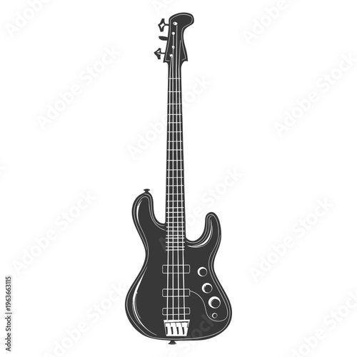 A simple monochrome image of a four string bass guitar