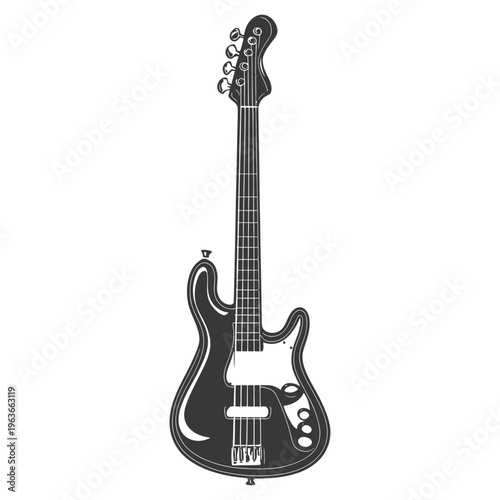 A monochrome illustration depicts a four string bass guitar instrument