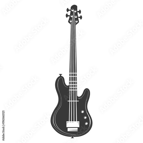 A grayscale illustration showing a modern electric bass guitar instrument