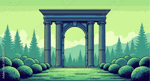 A serene landscape featuring an ancient stone archway in a forest clearing