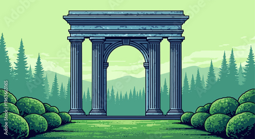 A serene landscape featuring an ancient stone archway in a forest clearing