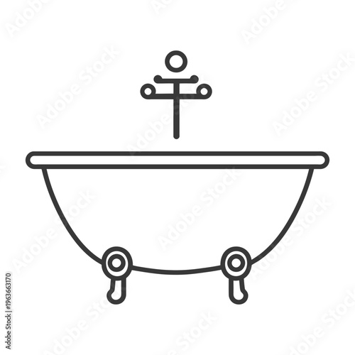 A detailed monochrome line art illustration of a bathtub fixture