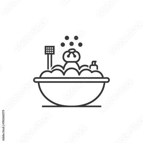 Simple graphic depiction of a relaxing bath with bubbles and accessories
