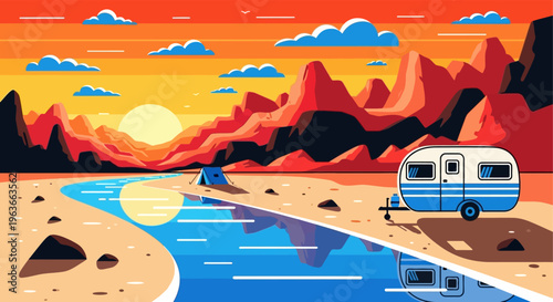 Serene desert landscape with camper van at sunset
