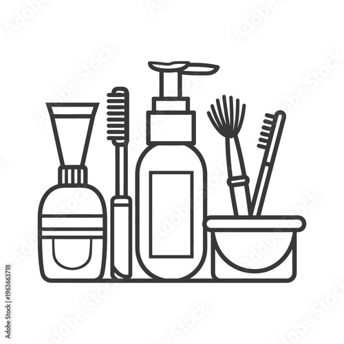 Outline drawing of personal care and grooming products displayed