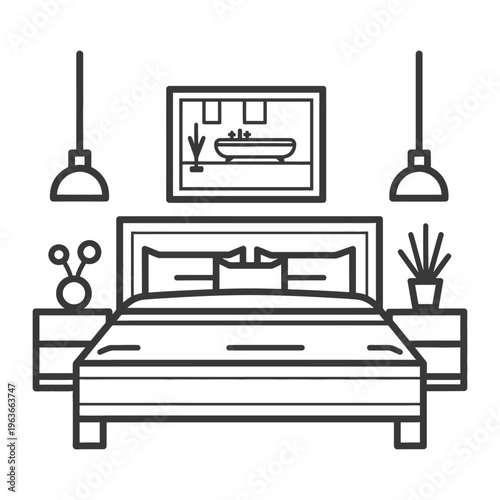 Simple line art depicts a modern furnished bedroom interior space