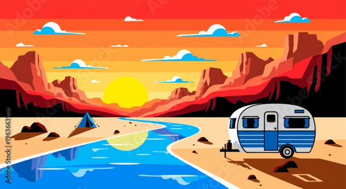 Vibrant desert landscape with camper trailer by a serene river at sunset