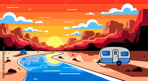 A serene desert landscape with a camper van parked beside a winding river at sunset