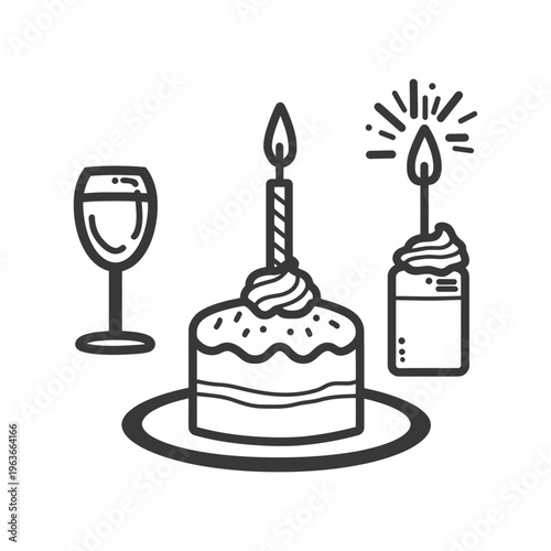 A simple illustrated celebration with cake wine and lit candles