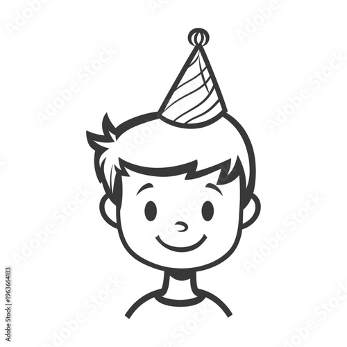 A smiling young boy is wearing a party hat happily