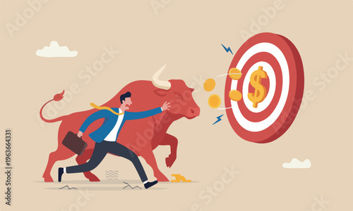 Financial risk,red big bullseye target making money, debt or loss problem, chasing investment return, danger or crisis, businessman risk himself chasing money to grab flying dollar gold coin.