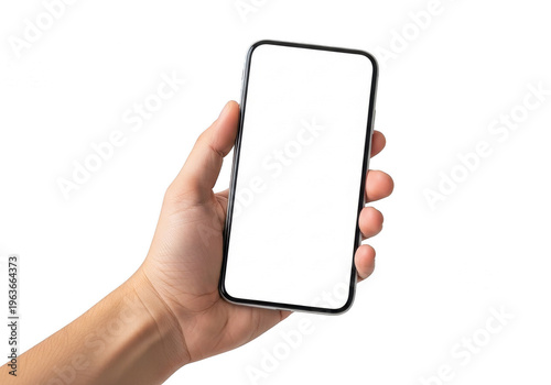 Hand holding a modern smartphone displaying a blank screen