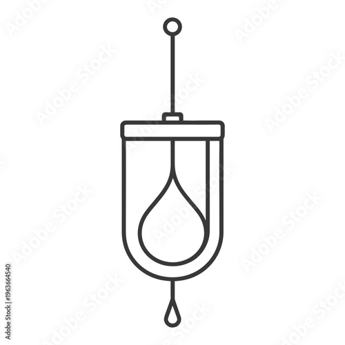A monochrome illustration of a hanging medical drip device