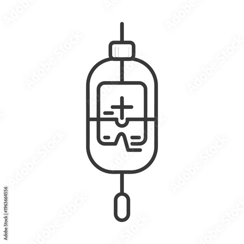 An illustrated black and white image of an intravenous drip bag