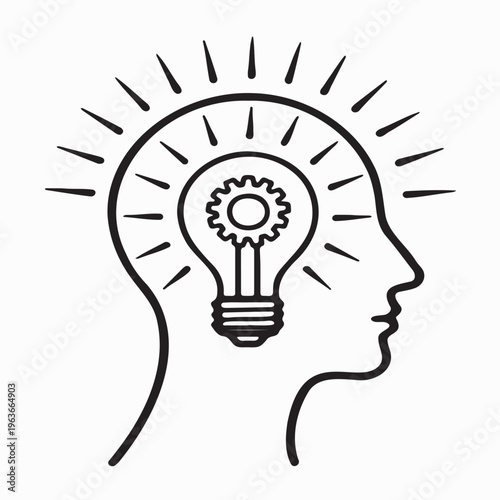 Minimalist black line icon of human head profile with glowing lightbulb containing gear, symbol of thinking and innovation, flat design on light grey background