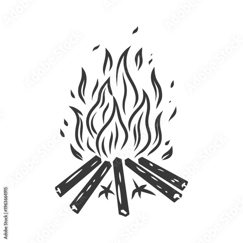 Illustration depicts a campfire with burning flames and wooden logs