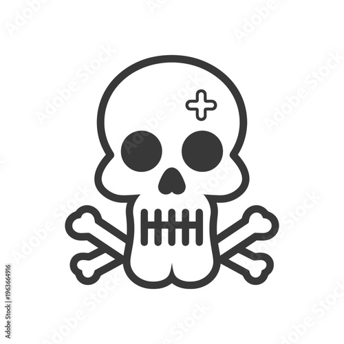 A cartoon illustration shows a skull with crossed bones below