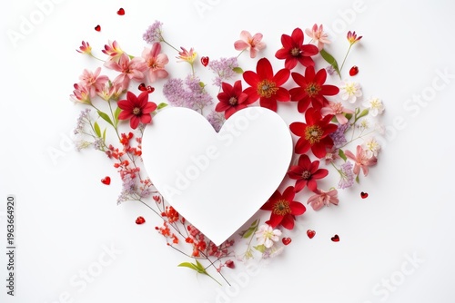 Heart shape surrounded by red and pink flowers, creating a romantic floral frame on white background