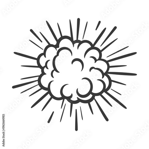 A black and white depiction of an exploding cloud burst