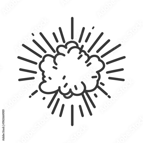 A black and white graphic depicts a burst of energy
