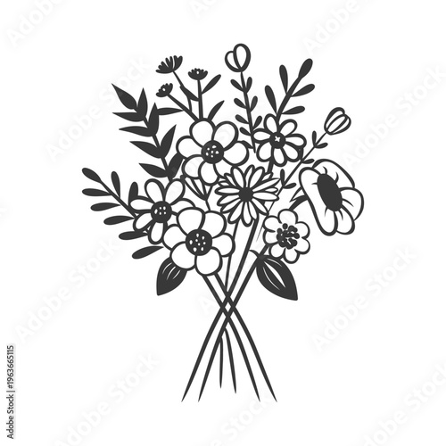 An intricate black and white drawing of a floral bouquet