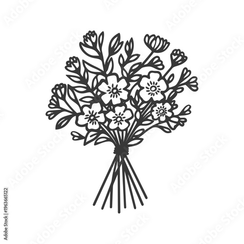 A simple monochromatic illustration of a tied floral bouquet