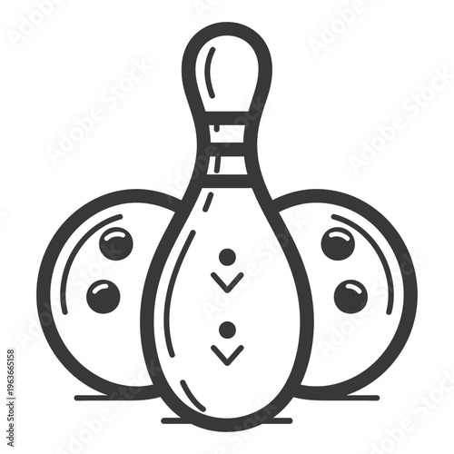 Simple black and white illustration of bowling pin and balls