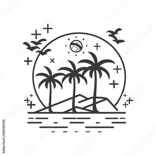 A simplistic black and white image featuring palm trees on an island