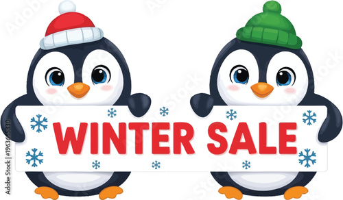 Two cartoon penguins in winter hats holding a winter sale sign with snowflakes