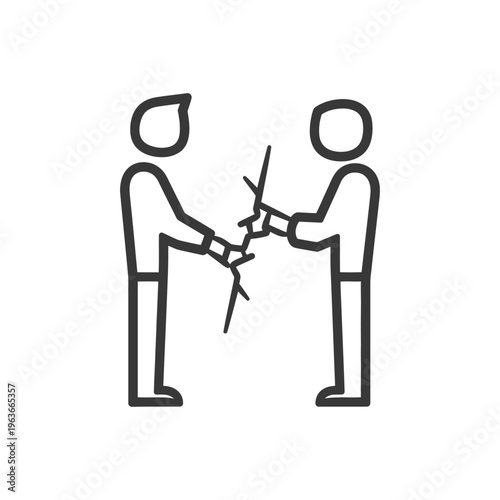 Two stick figures are facing each other with a shattered object