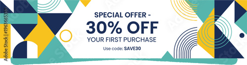 A colorful banner with a special offer of 30 percent off for first time customers on a white background