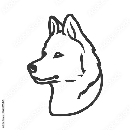 Simple black and white illustration depicting the head of a dog