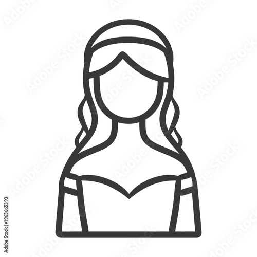 An outlined illustration of a young woman in formal attire