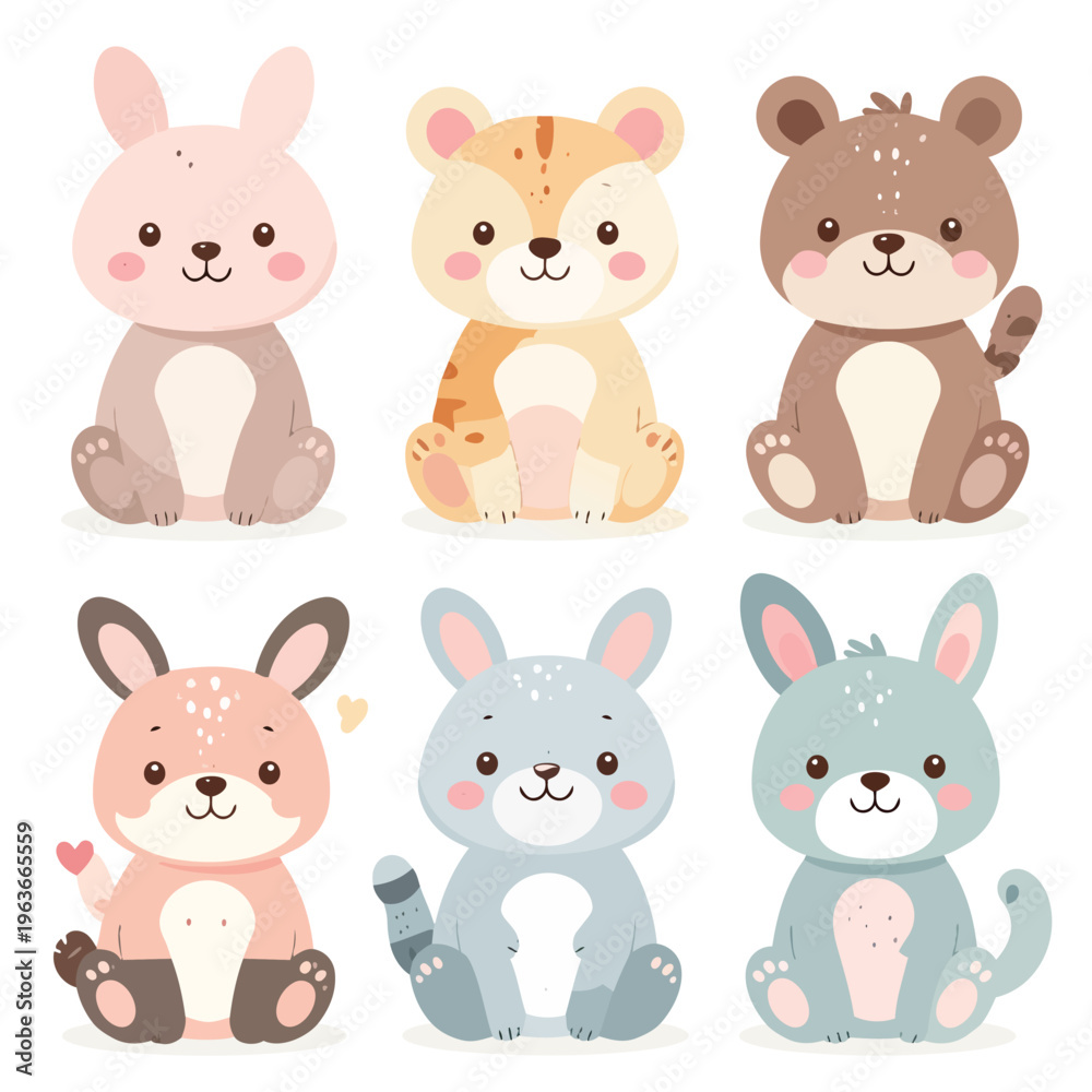 Fototapeta premium Cute baby animals collection illustrated in a kawaii style, featuring soft pastel colors, simple shapes, and adorable smiling faces. This clean vector illustration set is designed on a white backgroun