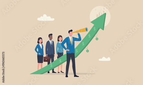 Business or, teams together and earning forecast concept, businessman climb up rising arrow with big telescope spyglass