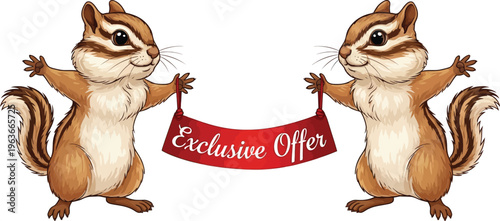 Two cartoon chipmunks holding a red banner with an exclusive offer on a white background