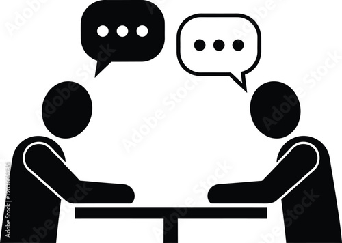 Two simplified figures sit across a table engaged in a serious conversation with speech bubbles.