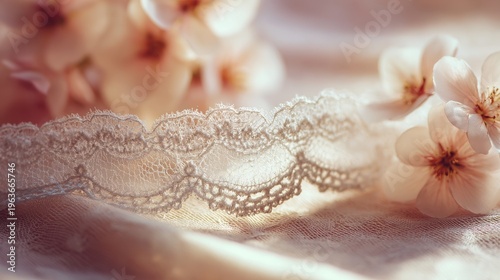 Close-Up of Delicate White Lace Border with Floral Background for Wedding Details