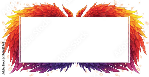 A vibrant illustration of colorful wings surrounding a blank white rectangle on a plain background
