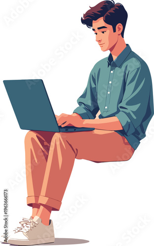 donna o uomo al computer che usa un laptop in ufficio casa al bar vettoriale, portatile