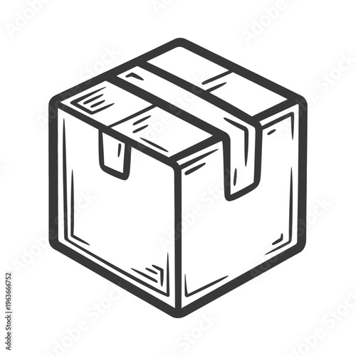 A simple illustration showing a closed cardboard box with tape applied