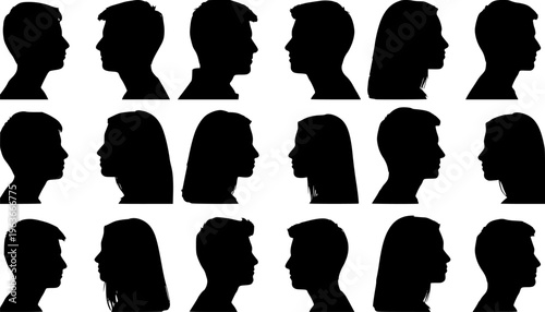 Group young people. Profile silhouette faces boys and girls set, man and woman – for stock