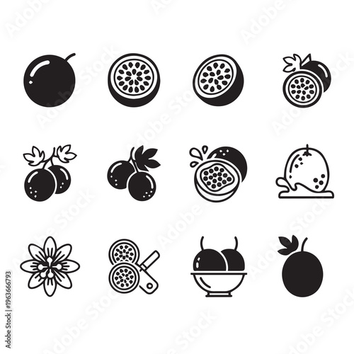 Passion Fruit Icons: Whole Halved Sliced & FlowerMinimalist Vector Graphics