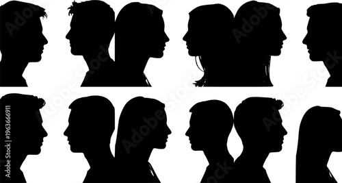 Group young people. Profile silhouette faces boys and girls set, man and woman – for stock